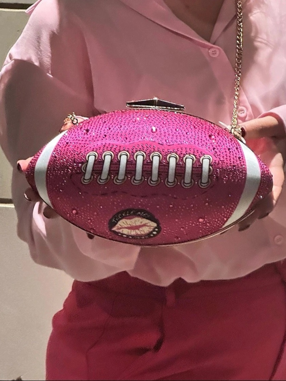 Betsey Johnson Kitsch Nice End Zone Pink Rhinestone Football Clutch Crossbody